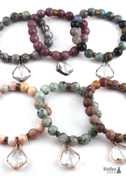 Boho Bracelet, RH Yoga Bracelet, Natural Stone with Glass Crystal